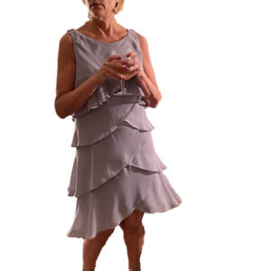 𝅺SF Fashions tiered chiffon dress in dove gray with rhinestone embellishments.